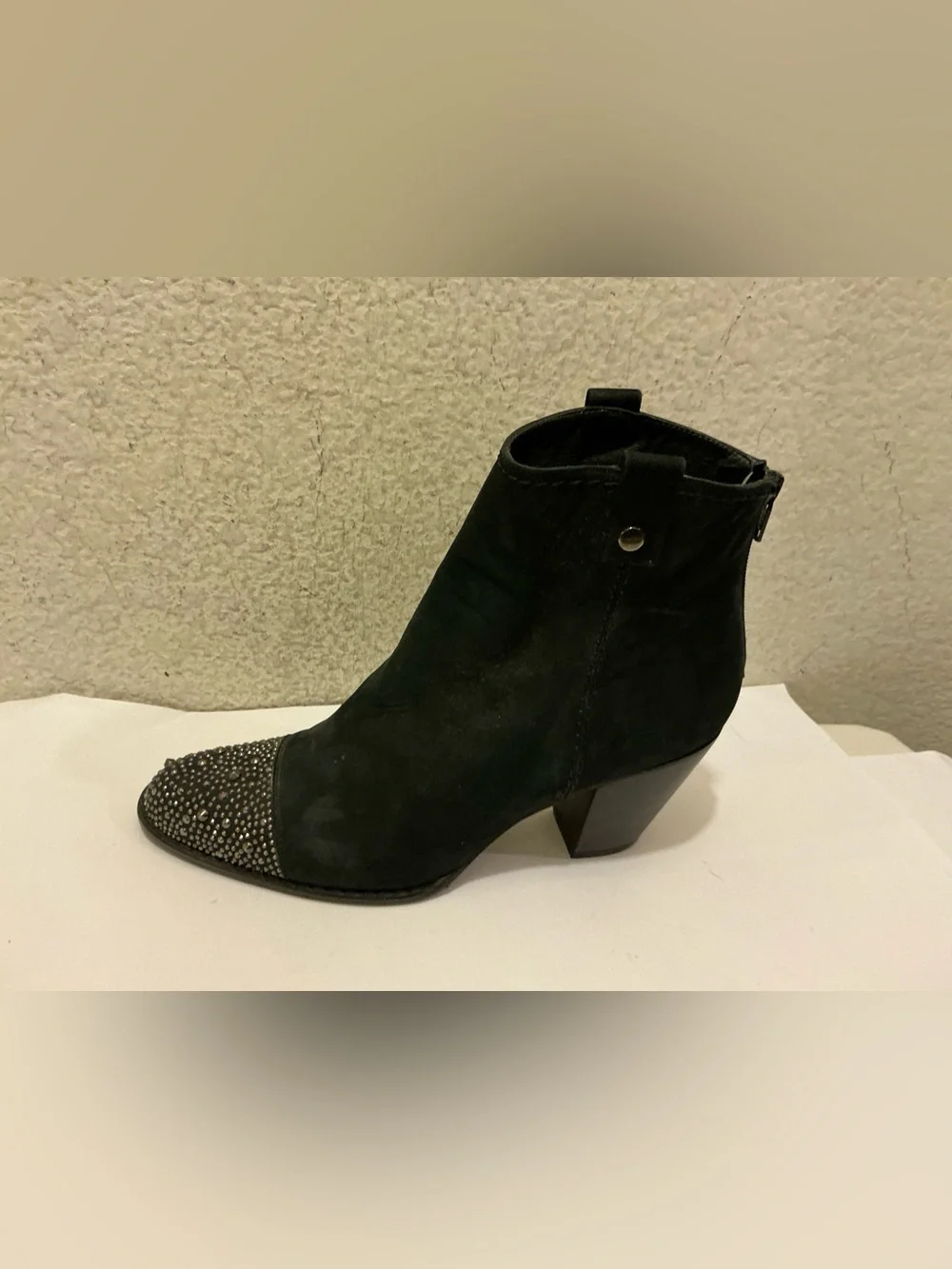 Stuart Weitzman Black Ankle Boots with Embellished Toe Cap